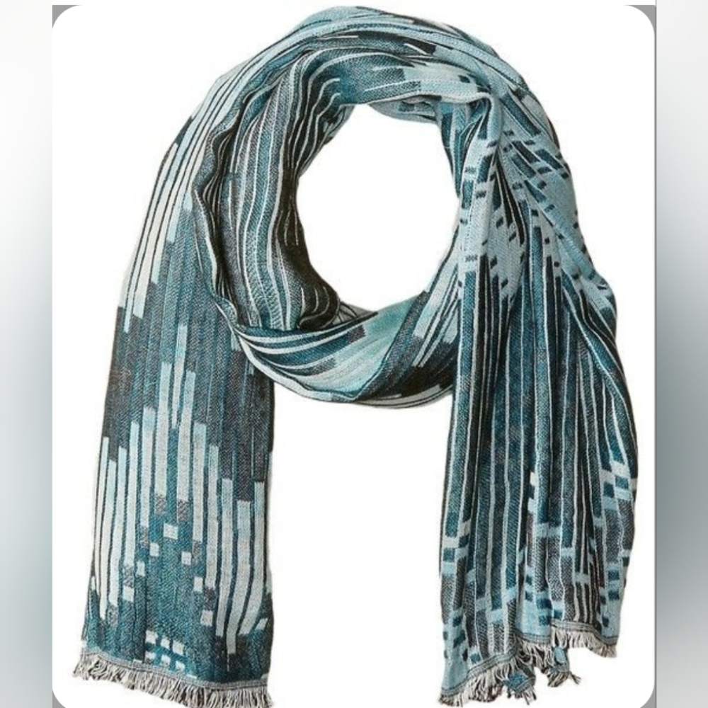 prAna Rayno Scarf Teal Blue Jacquard Weave Tassel Fringe Travel Lightweight